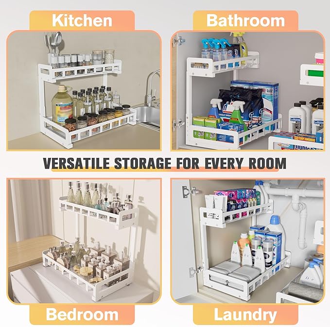 Under Sink Organizer 2 Pack, Metal Large Capacity 2-Tier Sliding Cabinet Storage Rack, Heavy-Duty Rust-Resistant Steel Frame, Holds 50 lbs Each, Adjustable Height 12–16", 14"D x 11"W for Home, White