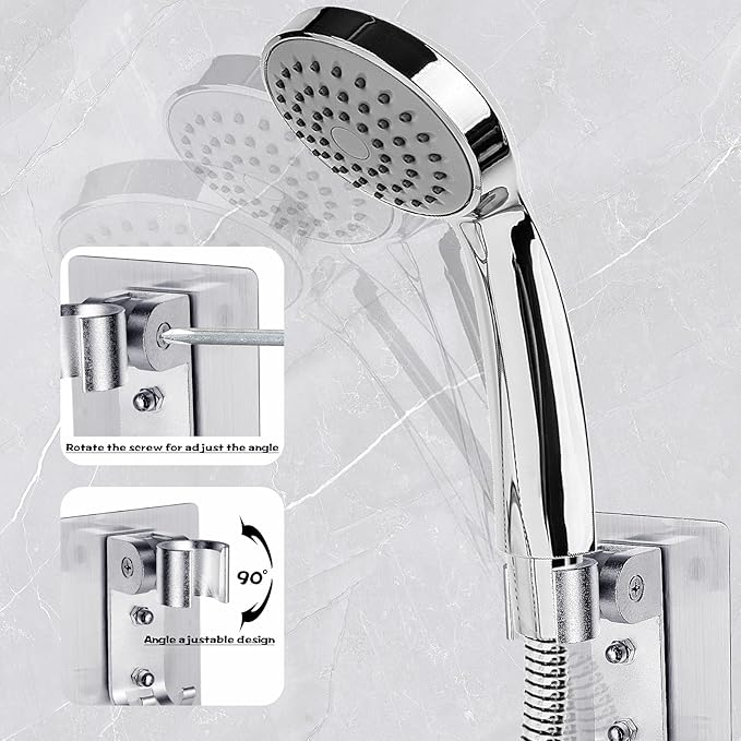 Shower Head Holder, Adjustable Wand Holder with 2 Hanger Hooks, Wall Mount Bracket, Aluminium Alloy, Silver