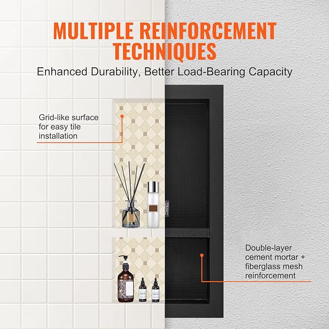 VEVOR Shower Niche Insert Tile Ready 16" x 32", Double Shelf Niche for Shower Wall Bathroom for Shampoo and Toiletry Storage, Black