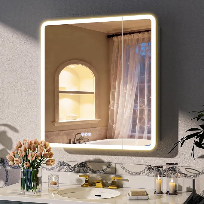 BEAUTYPEAK 30 x 32 LED Bathroom Medicine Cabinet Mirror, Adjustable Shelves, Silver Aluminum Cabinet, Anti-Fog Stepless Dimmable 3 Colors White/Natural/Warm, Easy to Install(Wall Mount/Recessed)