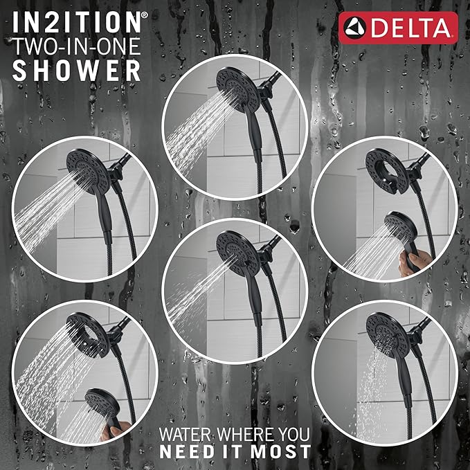 Delta Faucet Albion 14 Series Single-Handle Tub and Shower Faucet Set, Black/Gold Shower Trim with In2ition 2-in-1 Dual Shower Head, Matte Black/Champagne Bronze T144855-GZ-I (Valve Not Included)