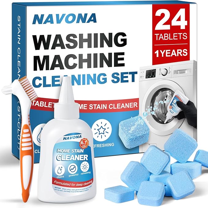 Navona 24 Pack Washing Machine Cleaner Tablets, Washer Cleaner Tablets Pro Set with Stain Remover Gel, Deep Cleaning for Odor, Limescale & Pet Hair, Works for Front Load & Top Load Washers