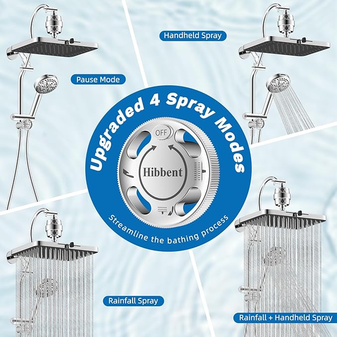 Hibbent 5-spray Dual Filtered Rainfall Shower Head Combo, High Pressure 13'' Showerhead with 10 Spray Mode Handheld, Easy Reach 4-way Diverter Shower Arm with Pause Mode, 71'' Hose and Holder, Chrome