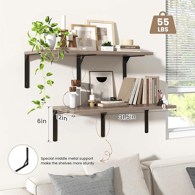 Fun Memories Floating Shelves for Wall, 12 Inch Deep Floating Shelves Set of 2, Wall Mounted Shelf with Metal Brackets, Rustic Wood Wide Shelf for Bathroom, Kitchen and Living Room, Grey, 32W x 12D
