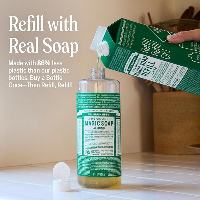 Dr. Bronner's Pure-Castile Magic Soap Liquid- Made with Regenerative Organic Certified Oils- For Body, Face, Hair, Dishes, Laundry, Vegan Bath Soaps for Men & Women, Non-GMO- Almond, 32oz + Refill