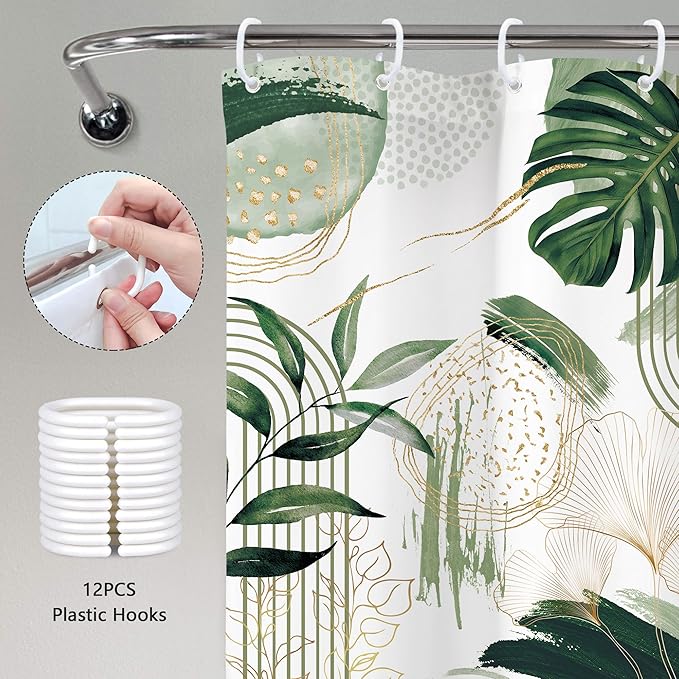 Green Boho Shower Curtain 72Wx96H Extra Long Sage Green Modern Mid Century Abstract Tropical Palm Leaves Bohemian Plant Bathroom Decor Minimalist Bath Curtain Fabric Polyester 12 Pack Hooks
