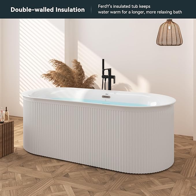 FerdY Nami 67" Acrylic Freestanding Bathtub, V Shape Freestanding Soaking Acrylic Bathtub, Modern White, cUPC Certified, Chrome Drain and Classic
