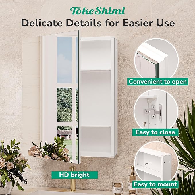 TokeShimi 48x32 Mirror with Stepless Adjustable Storage, Aluminum Tempered Bathroom Mirror Medicine Cabinet White, Frameless Farmhouse Medicine Cabinet for Recessed or Surface Mount Modern