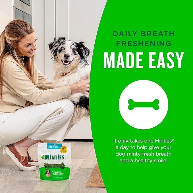 Minties Dog Dental Bone Treats, Tiny/Small Dental Dog Treats, 16 Ounces, Cleans Teeth, Fight Bad Breath, Removes Plaque and Tartar, 16 Count