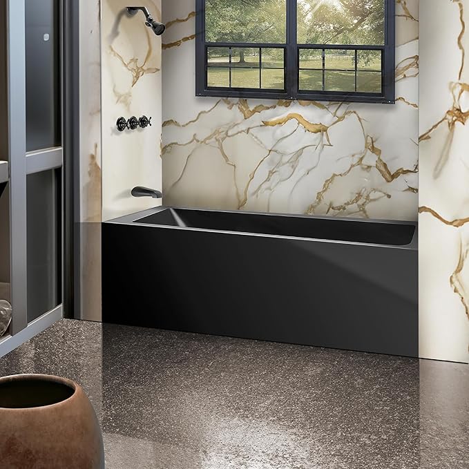 Fine Fixtures Acrylic, Fiberglass Alcove Soaking Bathtub with Integral Apron Front in Glossy Black - Left Hand Drain, 54" x 30"