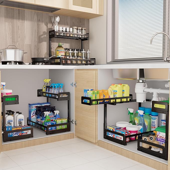 Under Sink Organizer, Metal Large Capacity 2-Tier Sliding Cabinet Storage Rack, Heavy-Duty Rust-Resistant Steel Frame, Holds 50 lbs, Adjustable Height 12–16", 14"D x 11"W for Kitchen & Bathroom, Black