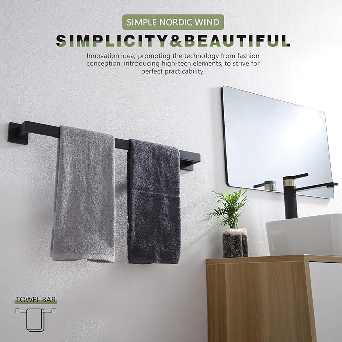 KOKOSIRI 24-Inch Single Towel Bar, Bathroom Kitchen Towel Holder, Wall Mounted SUS304 Stainless Steel Towel Rack, Matte Black, B4003BK-L24