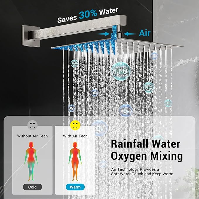 Rain Shower Faucet Set Wall Mounted Rainfall with Tub Spout Shower Head System Rough-in Valve Body and Trim Included Brush Nickel (10 Inches)