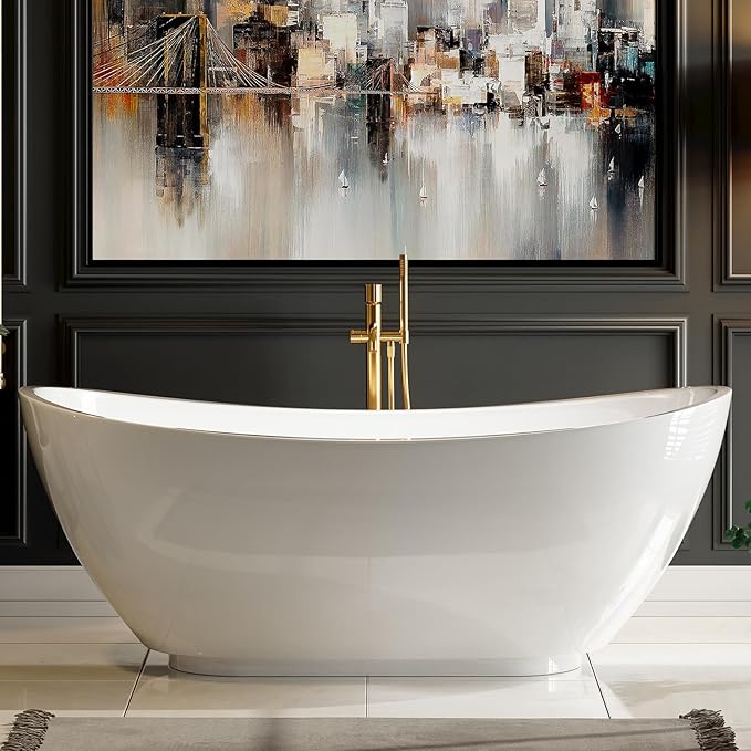 Empava 69 Inch Freestanding Bathtub - Acrylic Free Standing Soaking Tubs with Contemporary Design, White