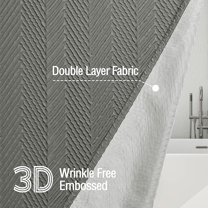 Gibelle Grey Shower Curtain, 3D Embossed Textured Herringbone Fabric Shower Curtain, Modern Farmhouse Bathroom Decor Soft Cloth Shower Curtain Set with Hooks, 72x72