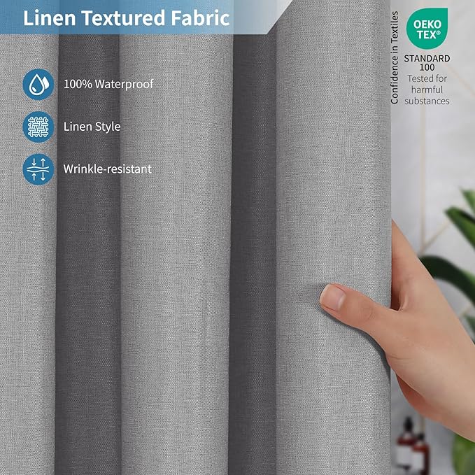 2-in-1 Waterproof Extra Long Fabric Shower Curtain or Liner,Linen Textured,84 Inch Breathable TPU & Washable Bathroom Shower Curtain Set with 12 Plastic Hooks,Modern,72"x84" Grey
