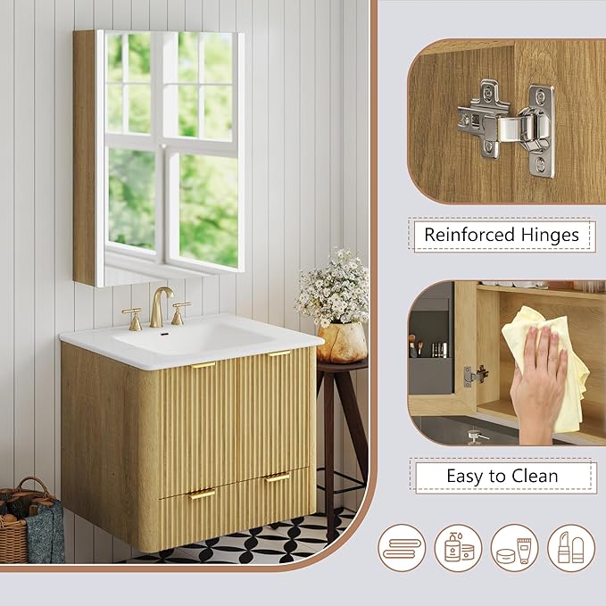 Lighted Bathroom Medicine Cabinet with Mirror，20 x 28 Inch Wall-Mounted Bathroom Wall Cabinet with Storage, LED Lights, Adjustable Shelves,Natural