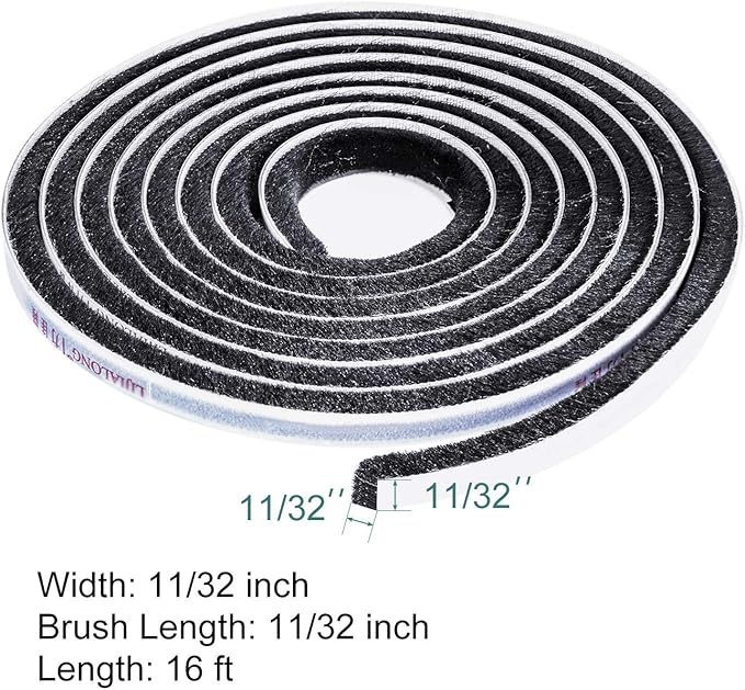 TORRAMI Brush Weather Stripping 11/32 inch x 11/32 inch x 16 ft Seal and Sound Proofing for Patio, Double, Sliding Doors Frame with High Density Felt, Black