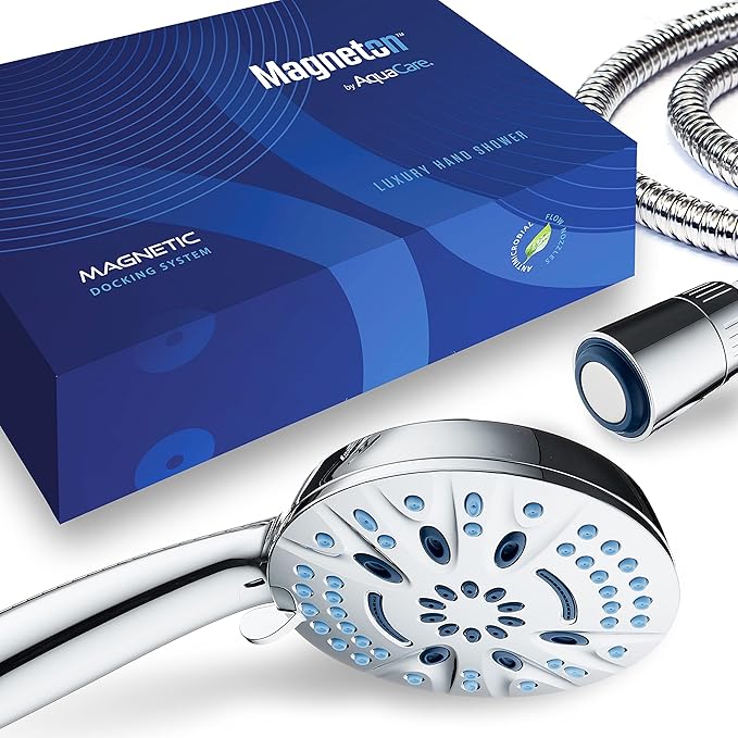 Magneton High-Pressure 8-mode Handheld Shower Head with Magnetic Guidance Docking System - 2 Magnetic Brackets, 5 inch Face, Hygienic Jets, 6 ft. Stainless Steel Hose/All Chrome Finish