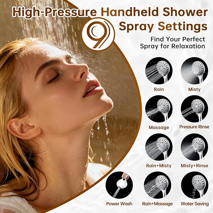 BRIGHT SHOWERS Rain Shower Head with Handheld Spray Built-in Power Wash, High Pressure Dual Shower Head with Height Adjustable Extension Arm, 3-Way Diverter, 9 Settings Handheld, 69” Long Hose, Chrome