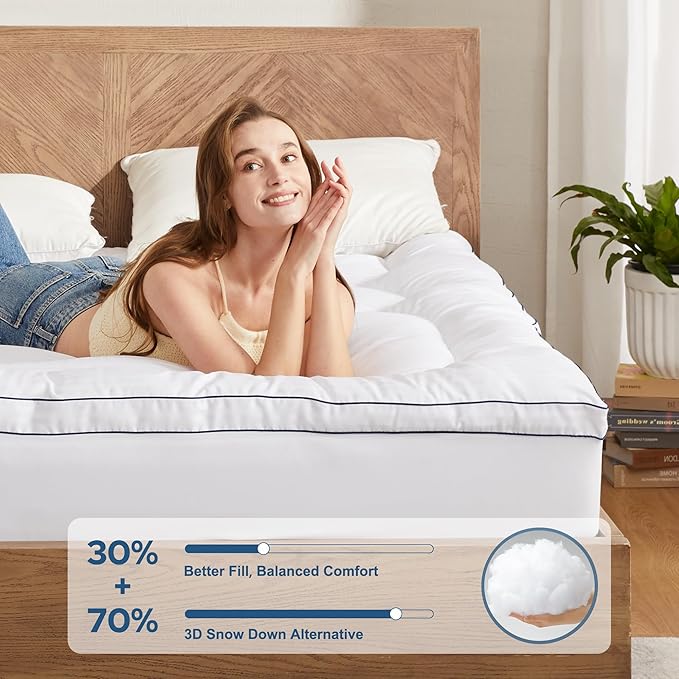 BEDLORE Queen Mattress Topper, Thick Pillow Top Pad for Back Pain Relief, Cooling Soft Mattress Cover with Deep Pockets 6-18 inch