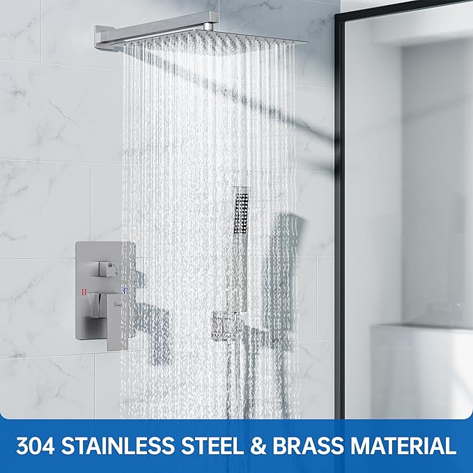 10 Inch Luxury Rain Shower Faucet Set, Brushed Nickel Shower System with Rainfall Shower Head and Handheld Spray, SUS304 Stainless Steel and Solid Brass Wall Mounted Shower Valve Trim Kit