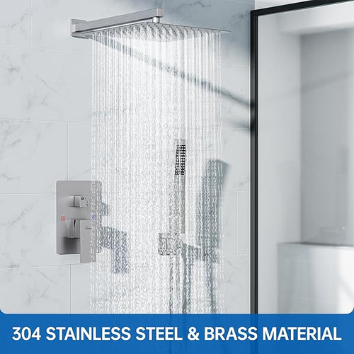 10 Inch Luxury Rain Shower Faucet Set, Brushed Nickel Shower System with Rainfall Shower Head and Handheld Spray, SUS304 Stainless Steel and Solid Brass Wall Mounted Shower Valve Trim Kit