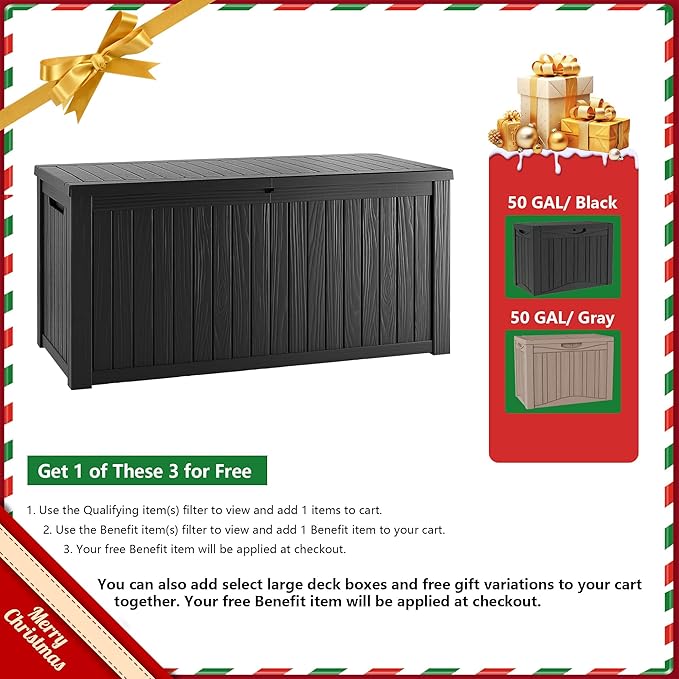 TARKARI 50 Gallon Lockable Resin Deck Box, Waterproof & UV-Resistant Outdoor Storage Box for Outdoor Cushion Storage, Garden Tools & Pool Accessories Storage, Black