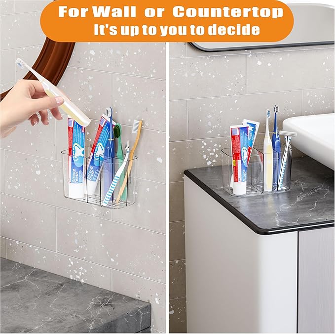 Electric Toothbrush Holder for Bathroom Countertop and Wall Mounted with Adhesive,5 Slots Family Size Clear Tooth Brush and Paste Holder & Stand,Cute Kids Tooth Rush Holders and Toothpaste Organizer