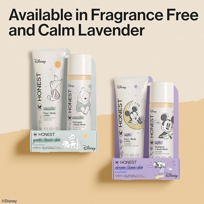 The Honest Company 2-in-1 Cleansing Shampoo and Body Wash Face Lotion Bundle Disney Design Gentle Enough for Baby Dermatologist Tested Calm Lavender 18.5 fl oz