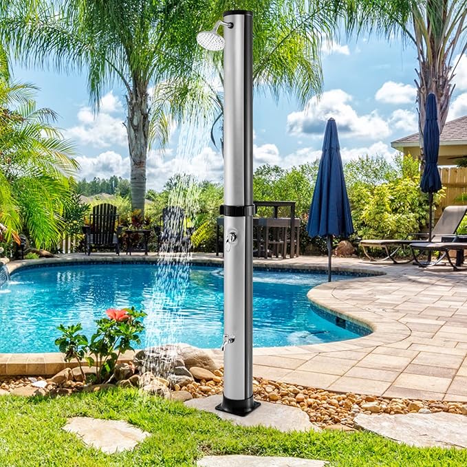 Giantex 7.2 FT 10 Gallon 2-Section Solar-Heated Outdoor Shower, Pool Shower W/Free-Rotating Shower Head, Foot Tap Spigot, Faucet, Temperature and Pressure Adjustment for Backyard, Garden, Beach Spa