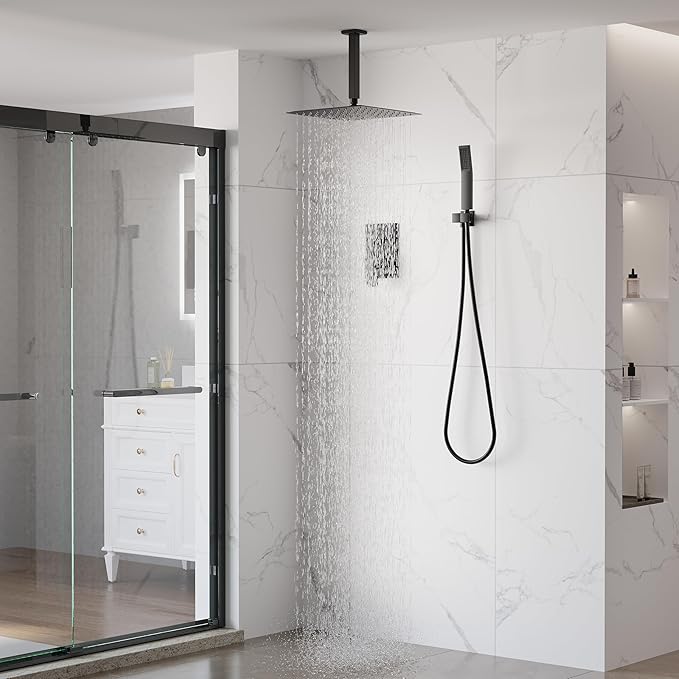 WELLFOR 12-In Ceiling Mount Shower System with Single Handle, Pressure-balanced Valve Included, Waterfall Dual Head Shower Head System, Rain Shower System, Shower Faucet Trim Kits, Matte Black