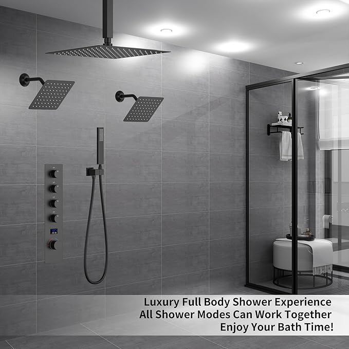 Shower Faucet Set Matte Black Shower System with 12 inch Ceiling Mounted Shower Head and Dual 8 inch Wall Mounted Shower Head, Digital Display Shower Fixtures with Handheld Spray