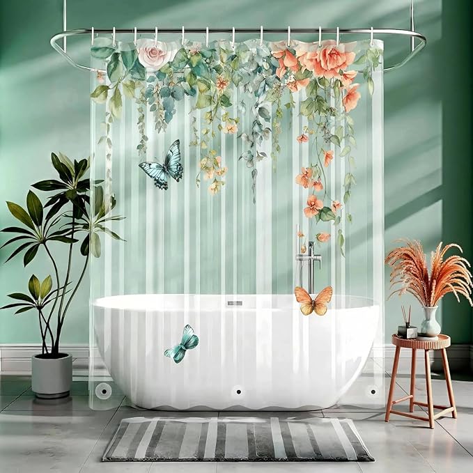 Clear Colorful Floral Butterfly Shower Curtain Liner, Plastic Pretty Pink and Orange Flower Green Eucalyptus Leaf Shower Curtains for Bathroom, 72x78 Weighted Magnetic Shower Curtain Set with 12 hooks