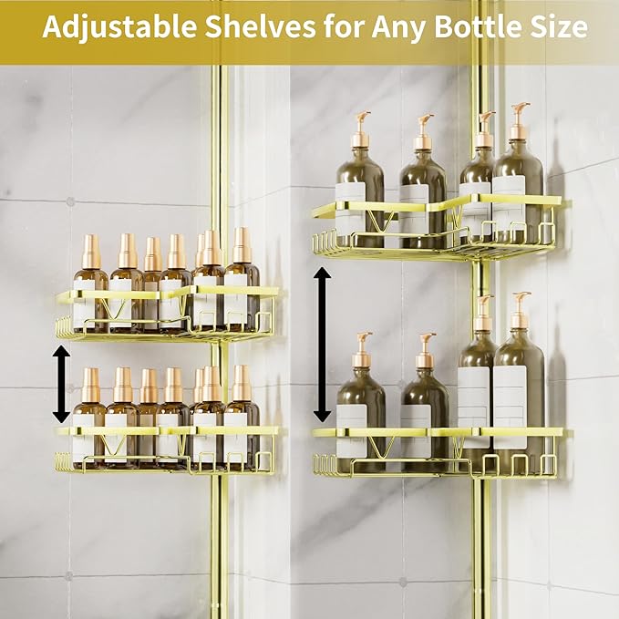 KEGII Corner Gold Shower Caddy Tension Pole - 4-Tier Rustproof Shower Rod Organizer, Floor to Ceiling Tension Rod 25-114.2 inch, Stainless Steel Corner Shower Shelf, Waterproof