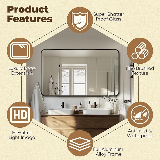 Antok Bathroom Mirror,50"x30" Wall Mirror, Decorative Mirrors Vanity Mirror Aluminum Alloy Frame Contemporary Hanging Mirror for Living Room Bathroom Entryway,Black,Round Corner