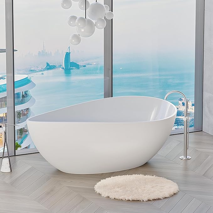 63" Freestanding Solid Surface Bathtub - Engineered Stone Resin Soaking Tub with Overflow & Pop-Up Drain, cUPC Certified Glossy White, 73-Gallon Capacity Deep Soak Tub Wavy for Modern Bathrooms