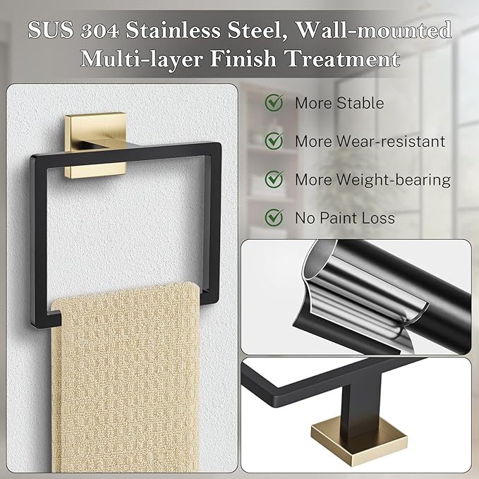 2-Piece Black Gold Towel Ring,Hand Towel Holder,Modern Towel Holder Stainless Steel Towel Rack Wall-Mounted Bathroom Towel Ring