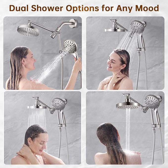BRIGHT SHOWERS Rain Shower Head with Handheld Spray Built-in Power Wash, High Pressure Dual Shower Head with Adjustable Extension Arm, 3-Way Diverter, 9-Mode Handheld, 69” Long Hose, Brushed Nickel