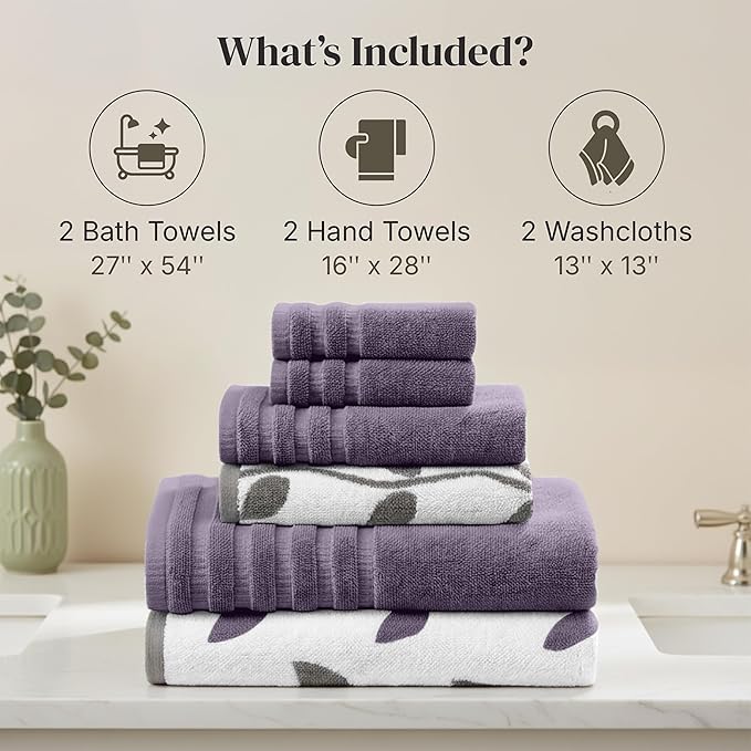 Modern Threads Organic Vines 6-Piece 100% Cotton Towel Set – Yarn Dyed Jacquard & Solid – Includes 2 Bath Towels, 2 Hand Towels, 2 Washcloths – Absorbent, Quick Dry, Soft & Durable – Lavender