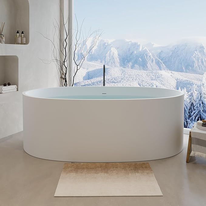 Abruzzo 65" Matte White Freestanding Solid Surface Bathtub, Stone Resin Freestanding Bath Tub with Overflow and Pop-up Drain