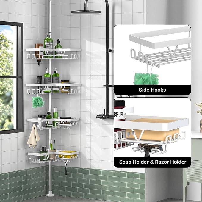 KEGII Corner Shower Caddy Tension Pole - 4-Tier Rustproof Bathroom Organizer, Floor to Ceiling Shower Caddy 25-114.2 inch, No Drilling Shower Storage Rack for Shampoo, Towels (Matte White)