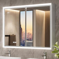 40x30 Beveled Lighted Medicine Cabinet with Mirror & Lights, Surface or Recessed Mirrored Medicine Cabinet with Outlet & Clock, Anti-Fog Dimmable LED Storage Cabinet, Built-in Sensor Light