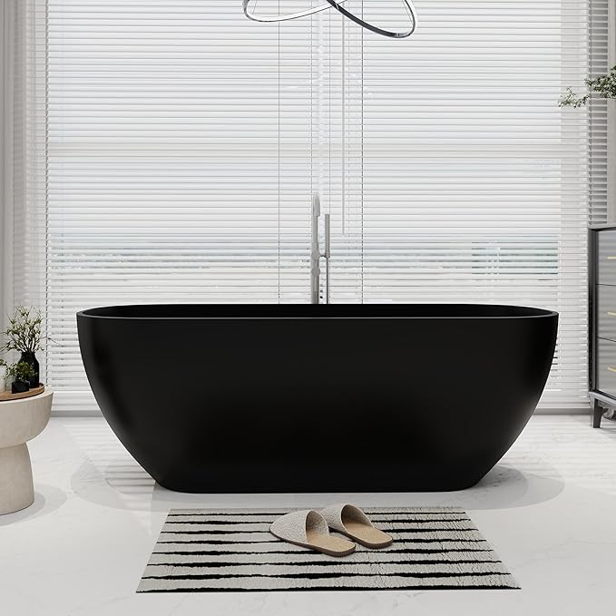SJ STAR&JANE 67" Solid Surface Freestanding Bathtub Oval Stone Resin Soaking Tub Modern Stand Alone Tub with Overflow & Pop-up Drain, Matte Black for Bathrooms