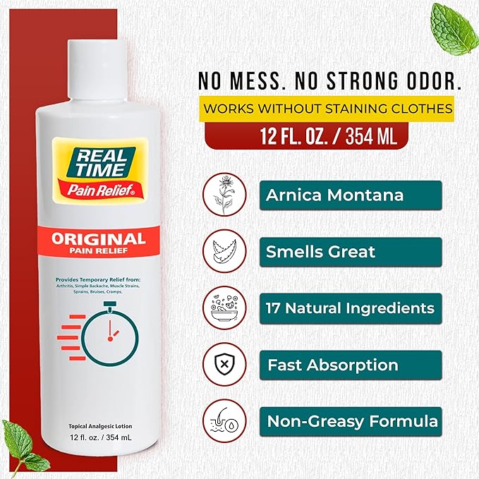 Real Time Pain Relief Cream 12oz Bottle | 17 Natural Ingredients: 1.25% Menthol, Arnica & MSM | Muscle Strain & Joint Discomfort Relief for Arthritis, Cramps, Sprains, Bruises, Hands, Back & Knee Pain