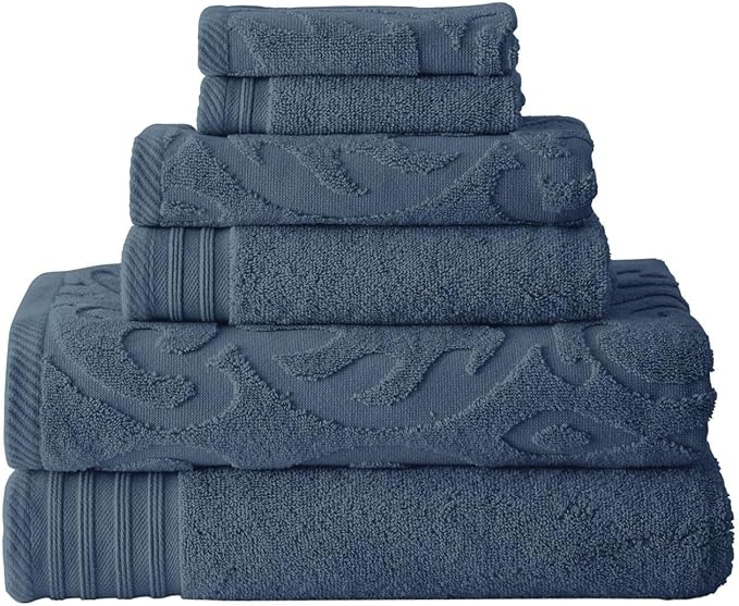 Modern Threads 6 Piece Jacquard/Solid Towel Set-Medallion Swirl Denim