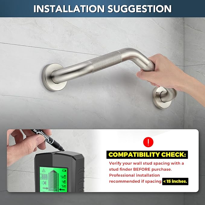 Grab Bars for Bathtubs and Showers- 1-1/4 x 16 Angled Shower Grab Bar for Seniors Knurled Stainless Steel Handicap Grab Bars for Wall (Brushed Nickel, 1 Pack)