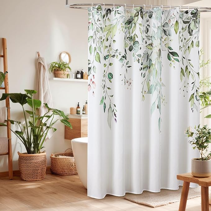 Colorful Star Sage Green Eucalyptus Waterproof Shower Curtain Set with Hooks, Minimalist Watercolor Floral Print Bathroom Décor, Plant Leaves Washable Fabric Shower Curtain, 72 x 78 Inch