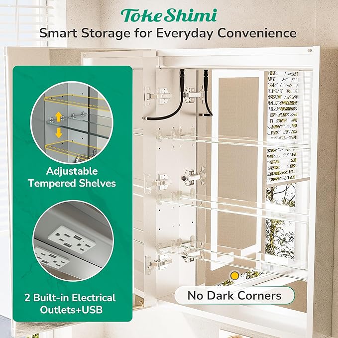 TokeShimi 48x32 Lighted Medicine Cabinet with Mirrored and Sockets, Anti-Fog Surface or Recessed Medicine Cabinet Mirror Led 3 Colors Dimmable, Frontlit Mirror with Storage Bathroom Vanity