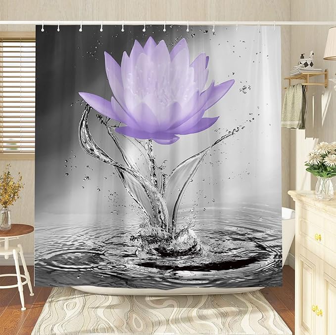 Lotus Shower Curtain Black White Grey Violet Flower Elegant Blooming Floral with Dew Spring Flower Reflection on Water Modern Romantic Polyester Fabric Bathroom Decor 70×96 Inch with Hook